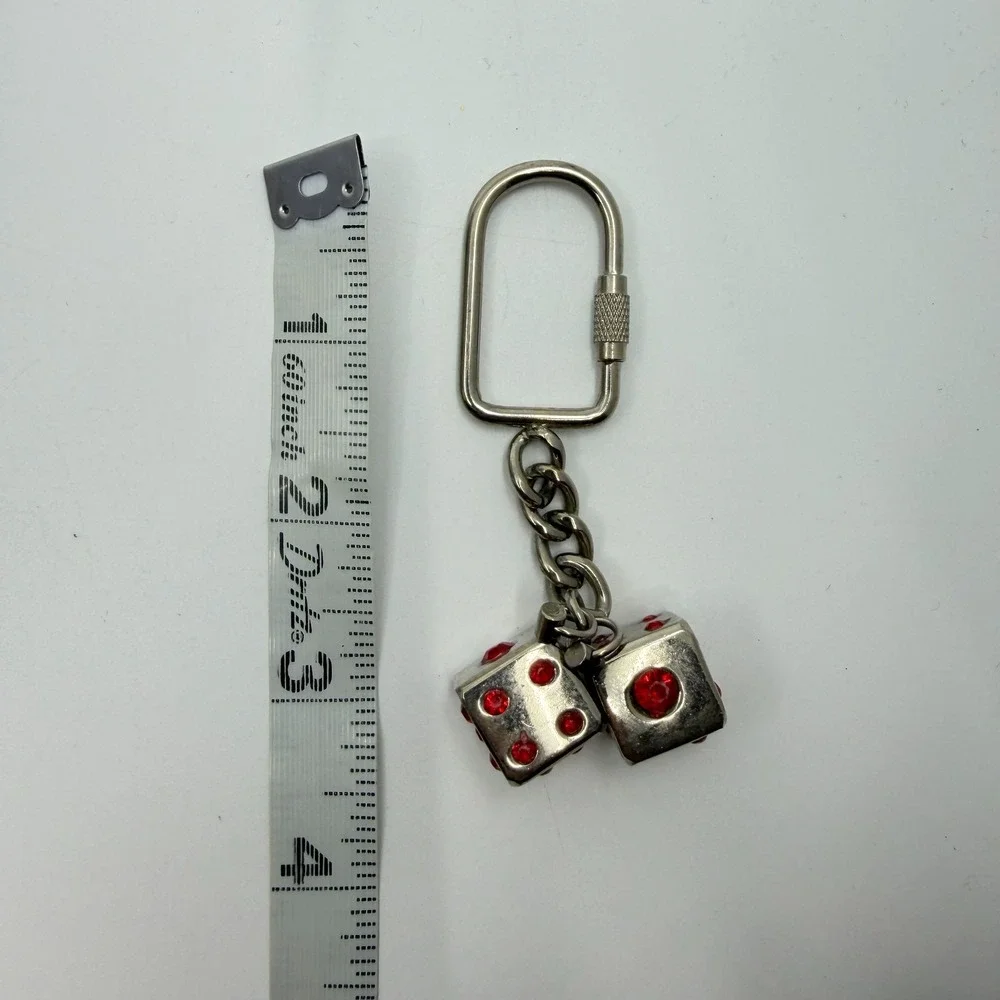 Las Vegas Red Rhinestone Dice Keychain Silver Tone Casino Gambling Souvenir
